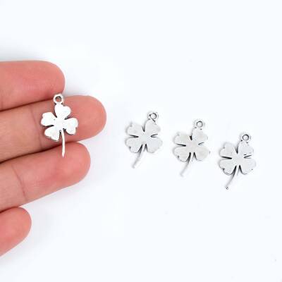 5 Adet - 20 mm Yonca Desenli Metal Uç, Takı Malzemesi, Boyalı Gümüş Kaplama - 1