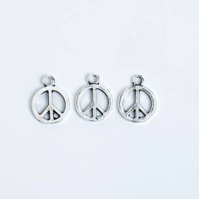 5 Adet - 17 mm Barış İşareti Desenli Metal Uç, Takı Malzemesi, Boyalı Gümüş Kaplama - 2