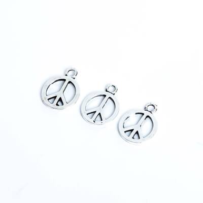 5 Adet - 17 mm Barış İşareti Desenli Metal Uç, Takı Malzemesi, Boyalı Gümüş Kaplama - 3