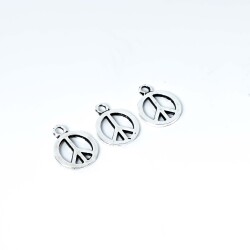 5 Adet - 17 mm Barış İşareti Desenli Metal Uç, Takı Malzemesi, Boyalı Gümüş Kaplama - 4