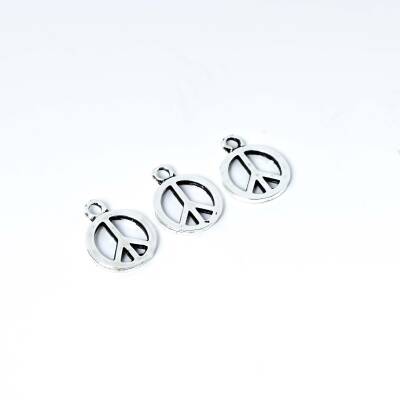 5 Adet - 17 mm Barış İşareti Desenli Metal Uç, Takı Malzemesi, Boyalı Gümüş Kaplama - 4