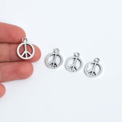 5 Adet - 17 mm Barış İşareti Desenli Metal Uç, Takı Malzemesi, Boyalı Gümüş Kaplama - 1