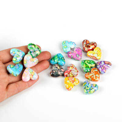 5 Adet - 25 mm, Karışık Renk Ebruli Desenli Kalp Boncuk, Kalp Model Plastik Boncuk - 4