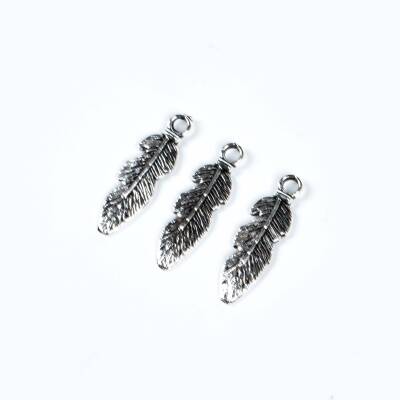 5 Adet - 25 mm Tüy Desenli Metal Uç, Takı Malzemesi, Boyalı Gümüş Kaplama - 3