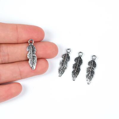 5 Adet - 25 mm Tüy Desenli Metal Uç, Takı Malzemesi, Boyalı Gümüş Kaplama - 1