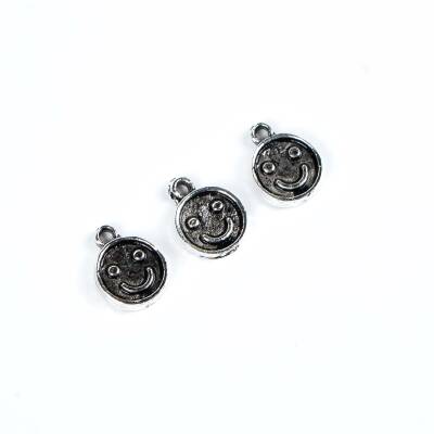 6 Adet - 11 mm Gülenyüz Desenli Metal Uç, Takı Malzemesi, Boyalı Gümüş Kaplama - 4