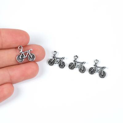 6 Adet - 13 mm Bisiklet Desenli Metal Uç, Takı Malzemesi, Boyalı Gümüş Kaplama - 1