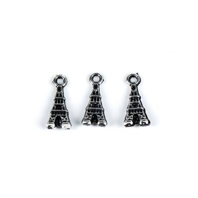 6 Adet - 15 mm Kule Desenli Metal Uç, Takı Malzemesi, Boyalı Gümüş Kaplama - 2