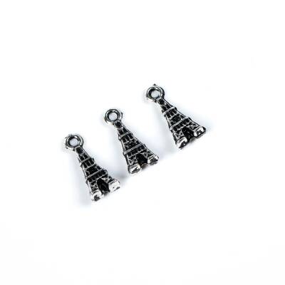 6 Adet - 15 mm Kule Desenli Metal Uç, Takı Malzemesi, Boyalı Gümüş Kaplama - 4