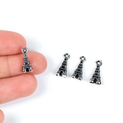 6 Adet - 15 mm Kule Desenli Metal Uç, Takı Malzemesi, Boyalı Gümüş Kaplama - 1