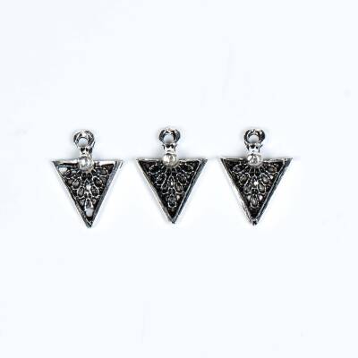 6 Adet - 17 mm Üçgen Desenli Metal Uç, Takı Malzemesi, Boyalı Gümüş Kaplama - 2