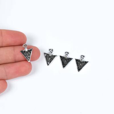6 Adet - 17 mm Üçgen Desenli Metal Uç, Takı Malzemesi, Boyalı Gümüş Kaplama - 1