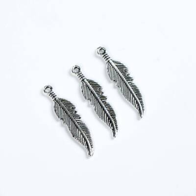 6 Adet - 26 mm Yaprak Desenli Metal Uç, Takı Malzemesi, Boyalı Gümüş Kaplama - 4