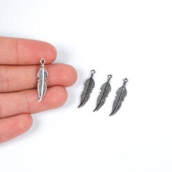 6 Adet - 26 mm Yaprak Desenli Metal Uç, Takı Malzemesi, Boyalı Gümüş Kaplama - 1
