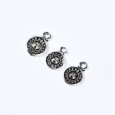 8 Adet - 13 mm Yuvarlak Desenli Metal Uç, Takı Malzemesi, Boyalı Gümüş Kaplama - 3