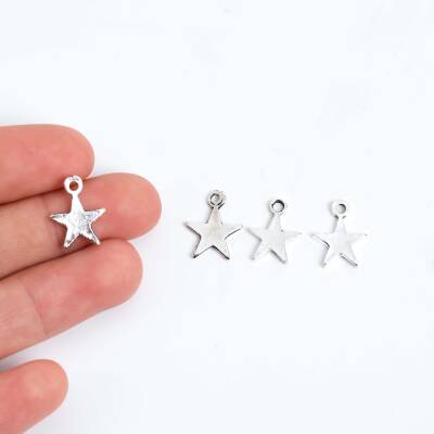 8 Adet - 14 mm Yıldız Desenli Metal Uç, Takı Malzemesi, Boyalı Gümüş Kaplama - 1