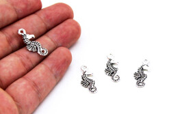 8 Adet - 24 mm Deniz Atı Desenli Metal Uç, Takı Malzemesi, Boyalı Gümüş Kaplama - 1