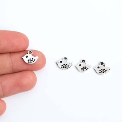 8 Adet - 9 mm Kuş Desenli Metal Uç, Takı Malzemesi, Boyalı Gümüş Kaplama - 1
